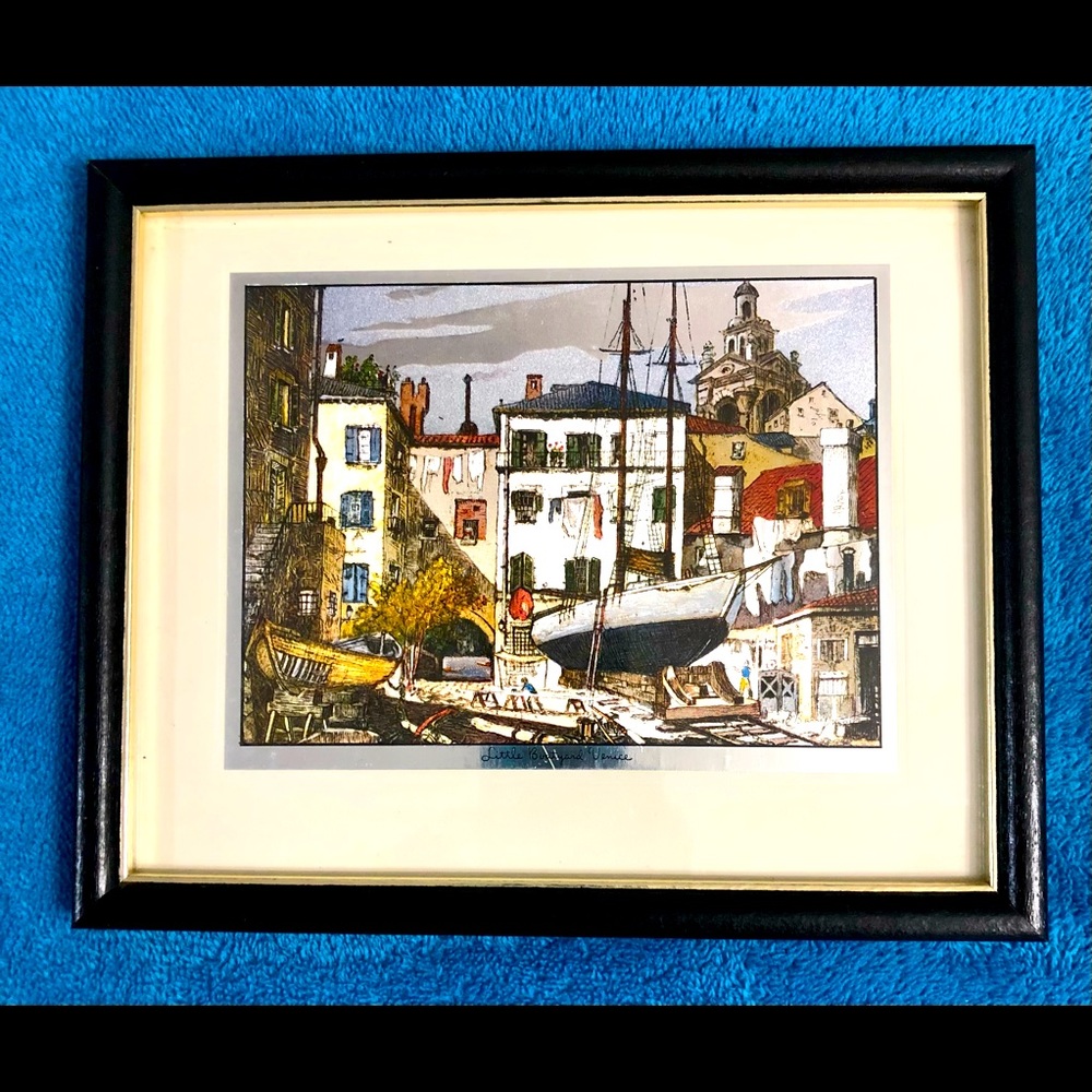Signed Vintage Lionel Barrymore Multi Colored Foil “Little Boatyard, Venice”